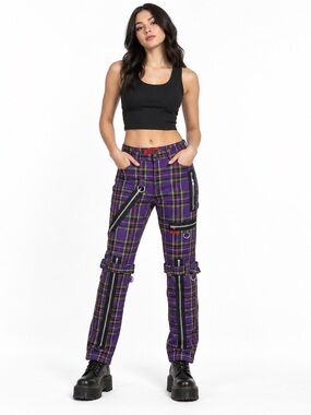 Tripp NYC Purple Plaid Bondage Pants Size 30 Punk Goth Zip Strap Y2K